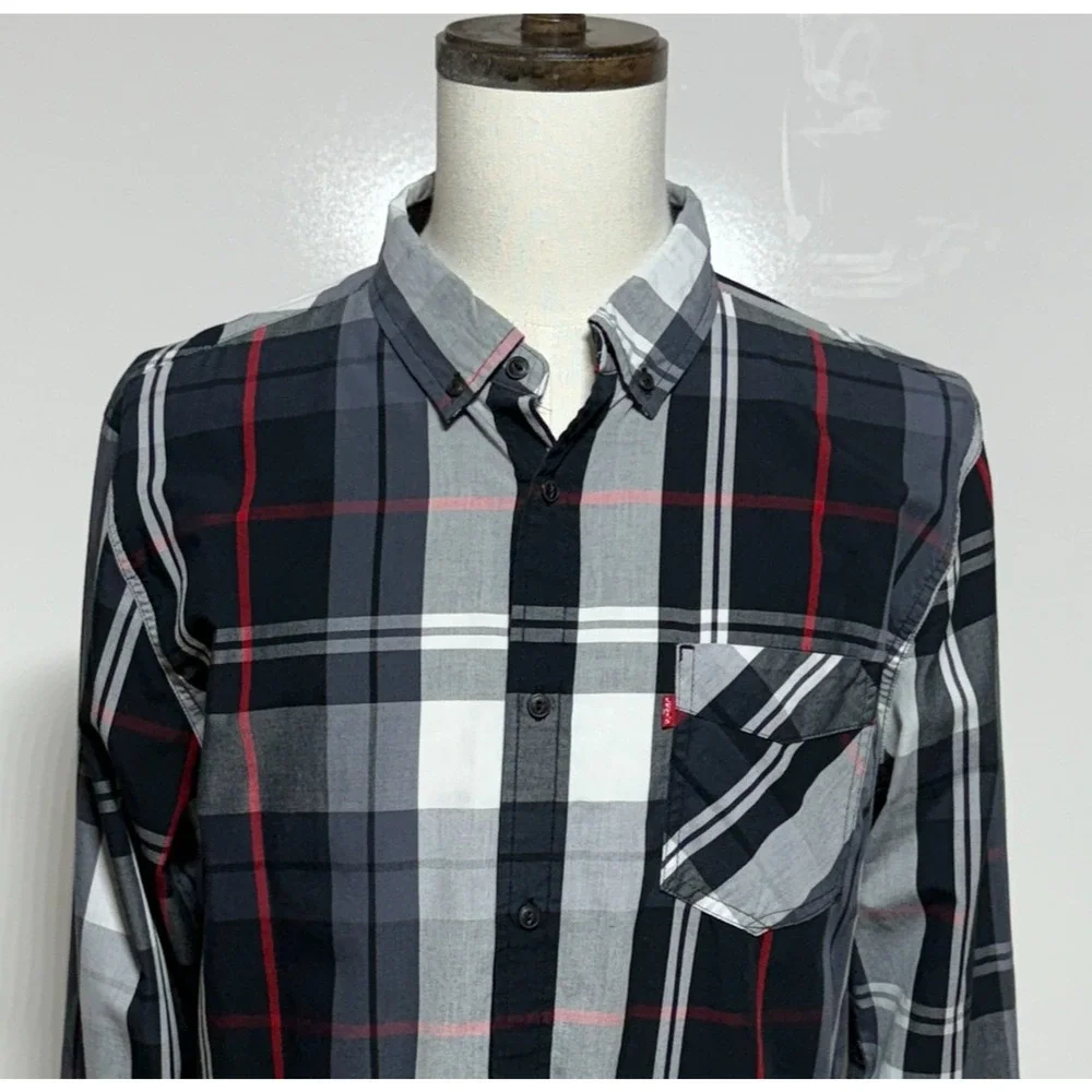 Levis Shirt Mens Large Black Gray Plaid‎ Button Down Long Sleeve Pocket Cowboy